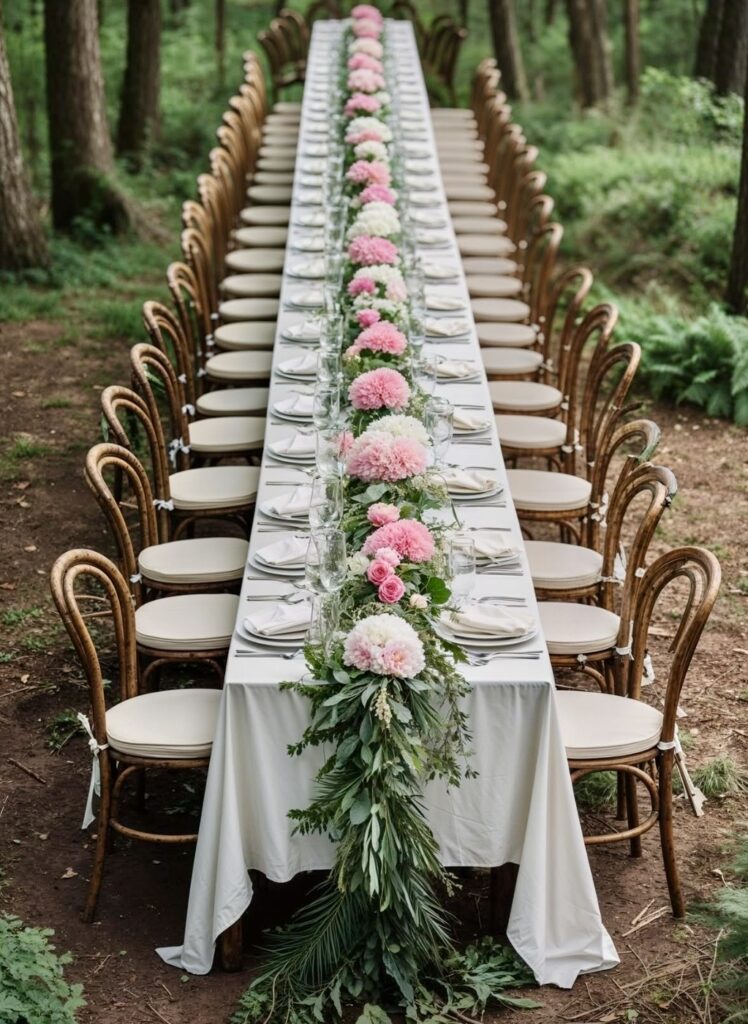 Longue table de banquet fleurie sur toute sa longueur